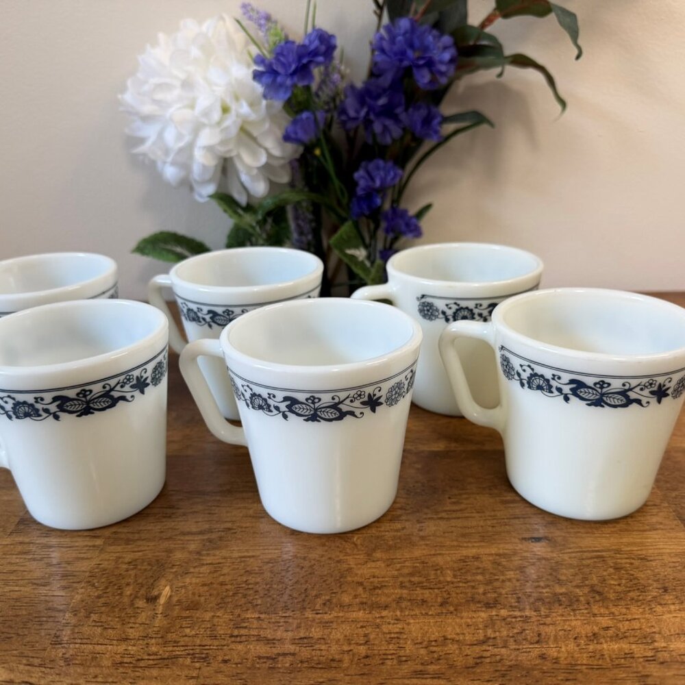 Vintage Corelle Old Town Blue Mugs Set  6 Fire King Style Milk Glass Floral Cups